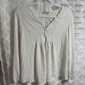 Dalia Collection Polka Dot Pintuck Blouse White Black Long Sleeve V-Neck Top